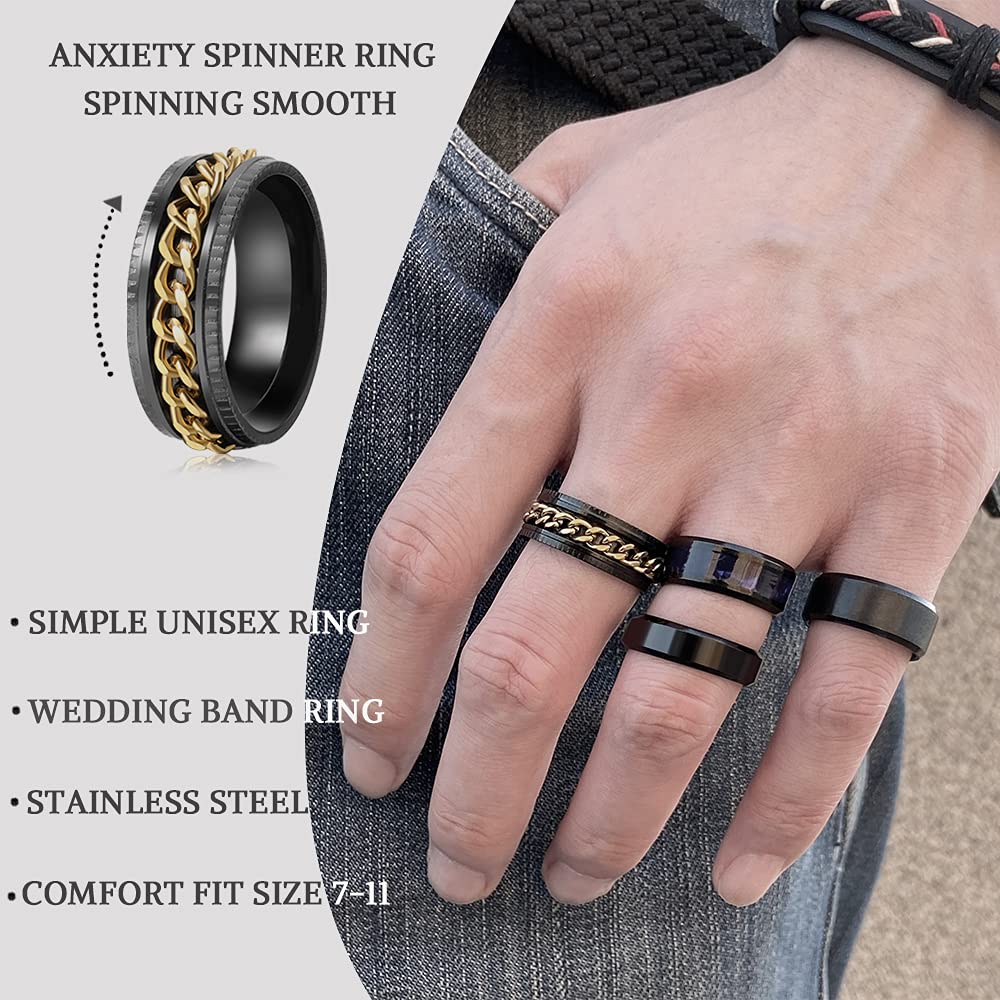 Simple Stainless Steel Band Rings for Women Men, Cool Silver Men's Ring Pack, Black Wedding Pormise Band Ring Set Comfort Fit Size 7