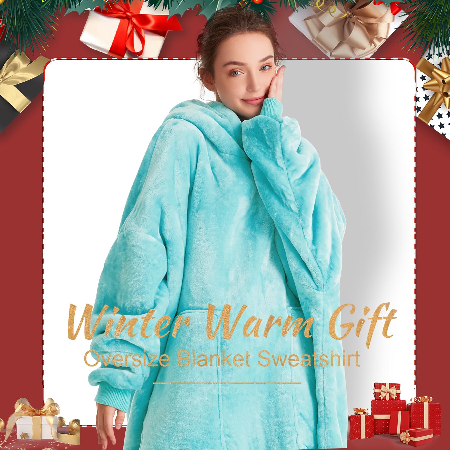 Aemicion Oversized Wearable Blanket Hoodie,Thick Cozy Sherpa Sweatshirt Blanket as Gift for Women Men-Teal