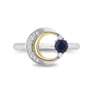 Jewelili Hallmark Fine Jewelry Sterling Silver and 14K Yellow Gold 4 MM Round Created Blue Sapphire and 1/10 Cttw Natural White Round Diamond Crescent Moon Ring, Size 8