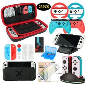 accessories bundle pack for nintendo switch oled model(2021), family party kit with carrying case, joy con charging dock, grips, covers, steering wheels, mount, screen protectors, caps(23 in 1)