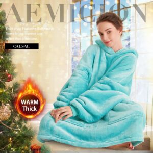 Aemicion Oversized Wearable Blanket Hoodie,Thick Cozy Sherpa Sweatshirt Blanket as Gift for Women Men-Teal