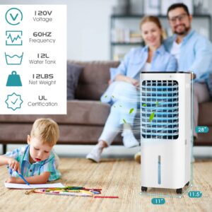 COSTWAY Evaporative Cooler, 4-In-1 Bladeless Cooler with 4 Modes, 3 Speeds, Timer, 12L Water Tank, LED Display, Portable Air Cooler with Remote Control 4 Ice Packs for Indoor Use, Bedroom, White