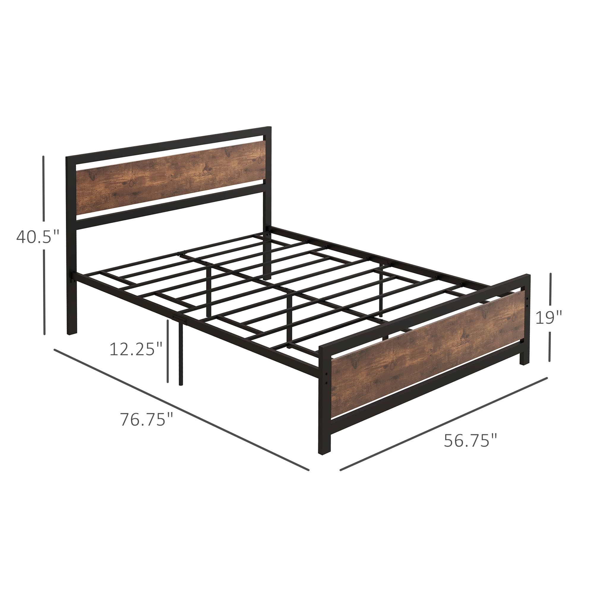 HOMCOM Full Bed Frame with Headboard & Footboard, Strong Metal Slat Support Bed Frame w/Underbed Storage Space, No Box Spring Needed, 56.75''x76.75''x40.5''