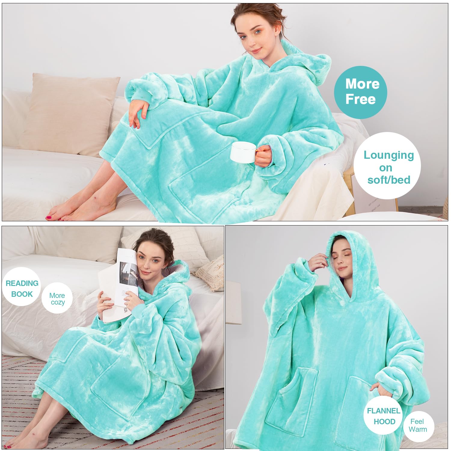 Aemicion Oversized Wearable Blanket Hoodie,Thick Cozy Sherpa Sweatshirt Blanket as Gift for Women Men-Teal