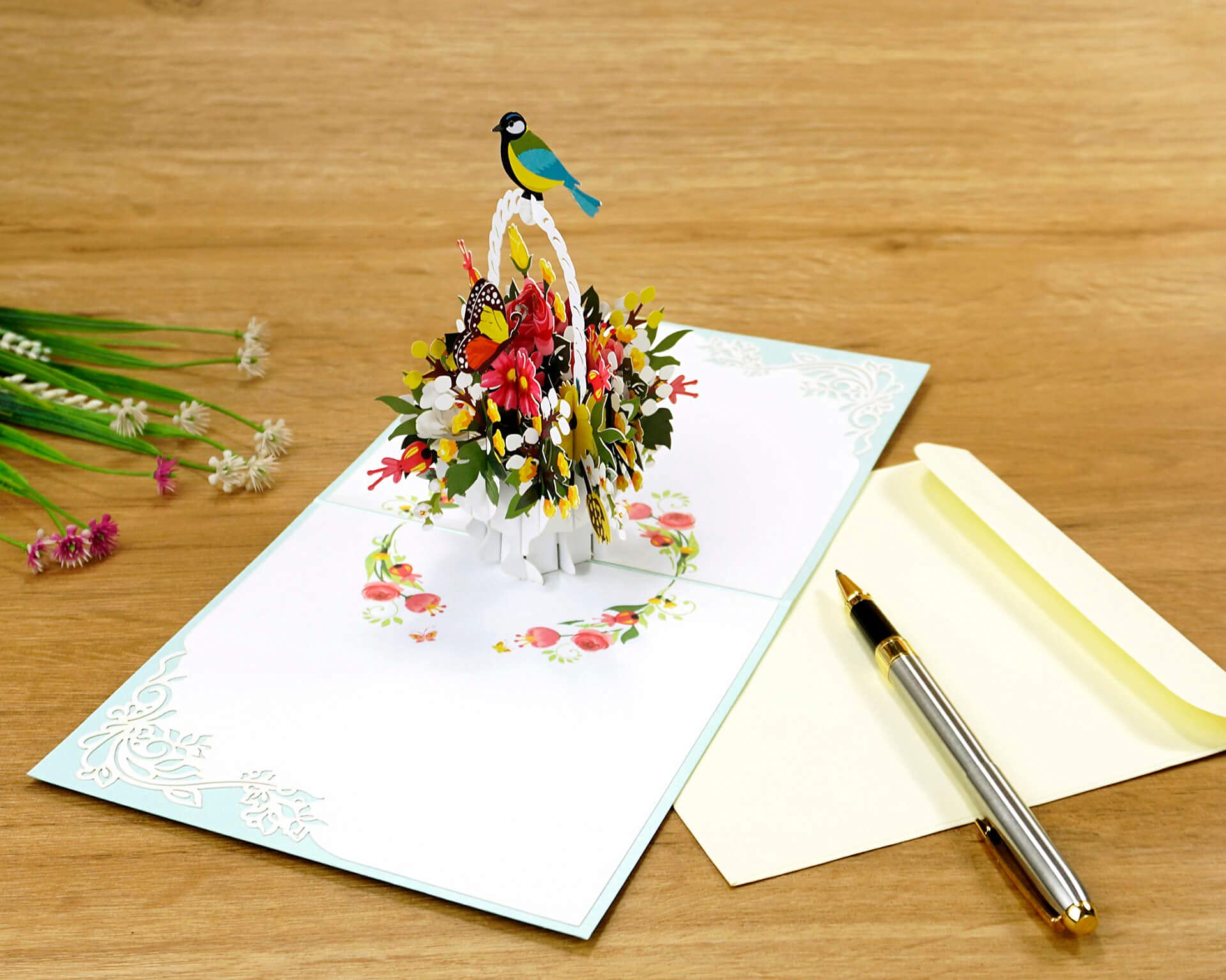 ETA 3D Bird and Flower Basket Pop Up Greeting Card for Birthday, Just Because, Thinking of You, Retirement, Get Well, Congratulations, Cards Mother's Day, Teacher's Father's Any Occasions, F18