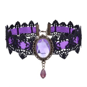 yertter dainty black lace crystal choker necklace lace gothic choker for women for halloween weeding costume party prom vampire choker (purple)