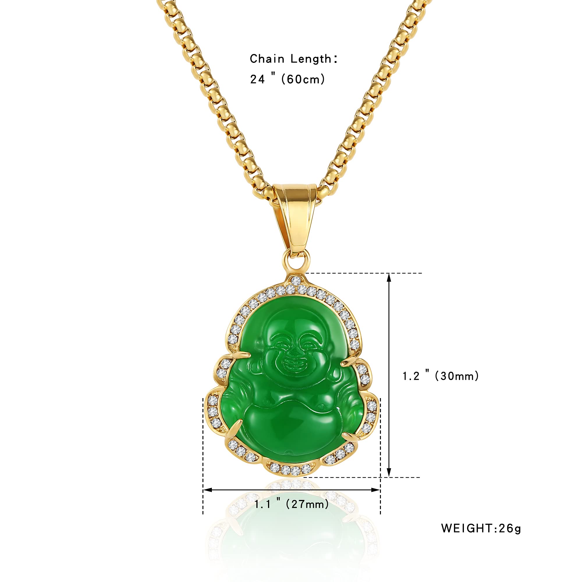 P.BLAKE Green Laughing Buddha Gold Necklace for Men Women, Stainless Steel Buddha Pendant Chain Buddhist Jewelry Gifts (Green 24 Inches)