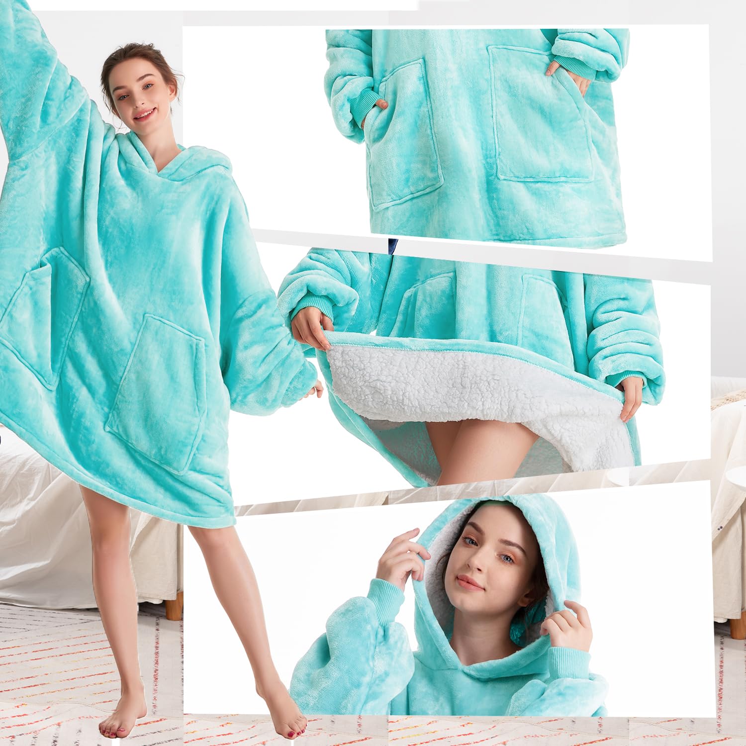 Aemicion Oversized Wearable Blanket Hoodie,Thick Cozy Sherpa Sweatshirt Blanket as Gift for Women Men-Teal