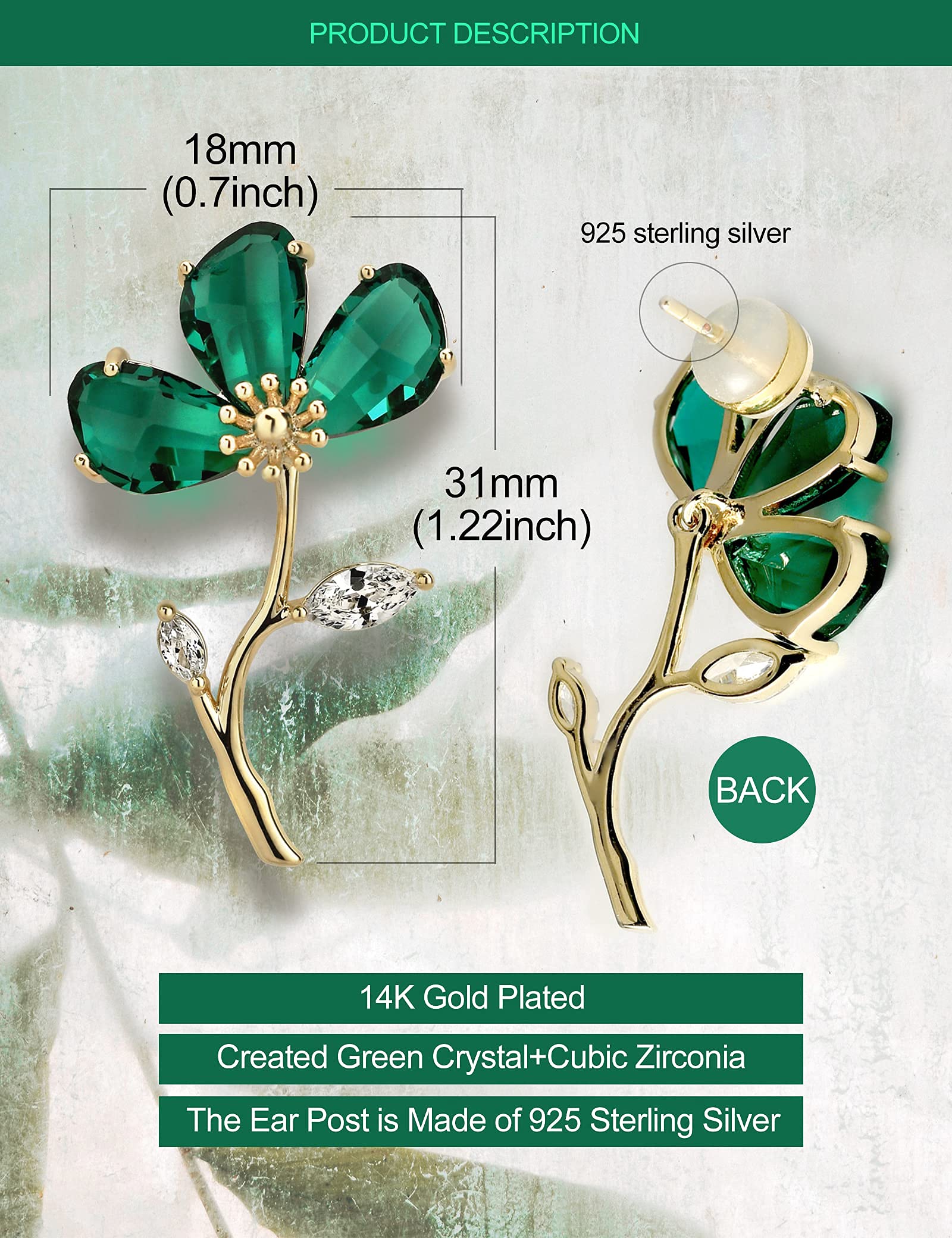 KZZENKI Green Flower Earrings with Stud, Statement Gold Dangle Earrings for Women Trendy Drop Earrings Gift