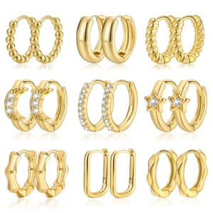 small gold huggie hoop earrings set for women, hypoallergenic twisted cartilage hoops, tiny silver hoop earrings jewelry for multiple piercing (1-1-9)