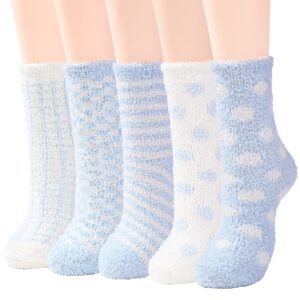 Zando Womens Fuzzy Socks for Girl Winter Socks Thick Warm Socks Fluffy Home Fuzzy Slipper Socks House Slipper Socks Bulk Cozy Comfy Plush Socks Sleeping Christmas Socks 5 Pairs Blue White Series