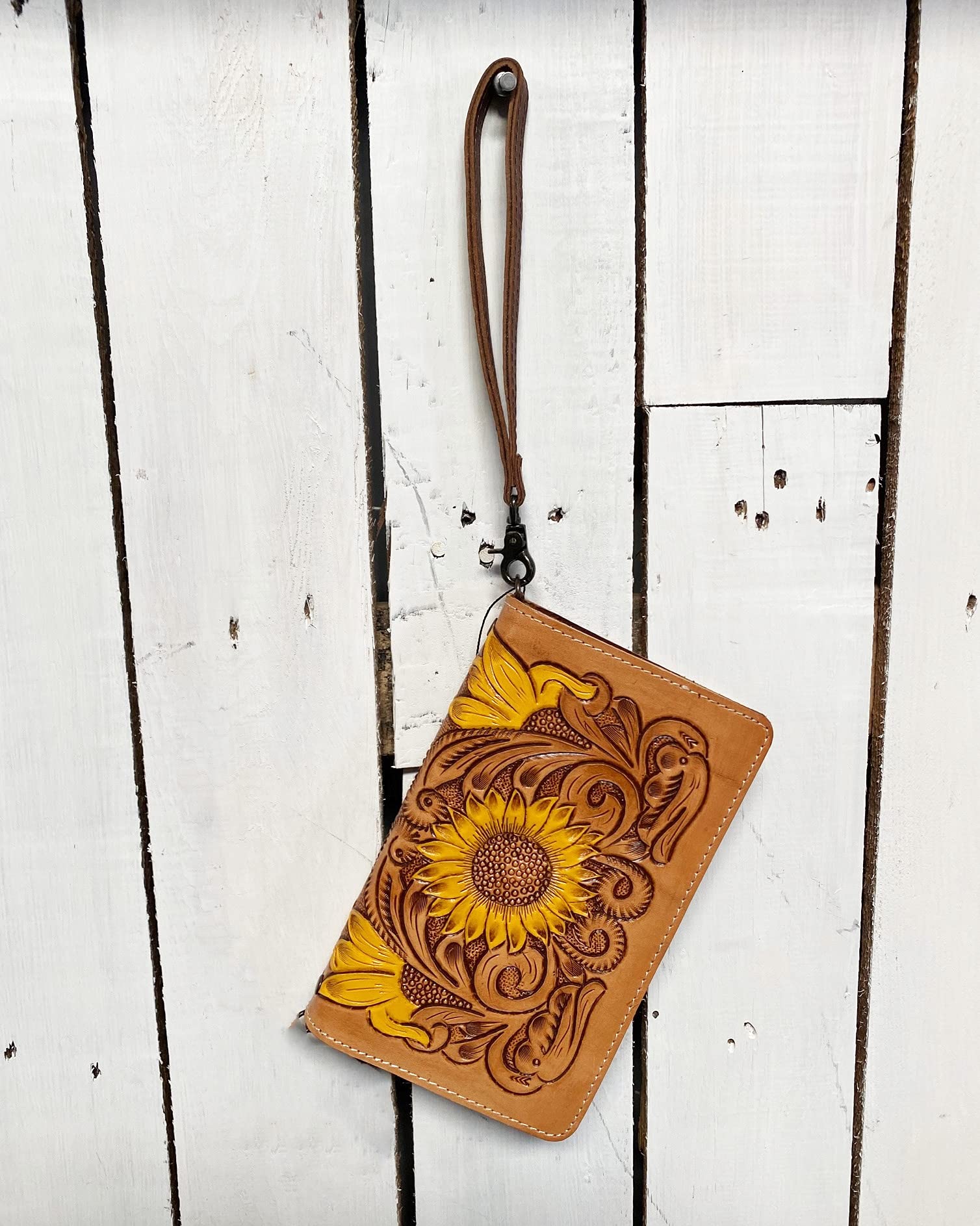 American Darling Womens Tooled Leather Sunflower Crossbody Clutch Purse, Brown