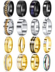 simple stainless steel band rings for women men, cool silver men's ring pack, black wedding pormise band ring set comfort fit size 7