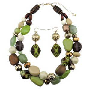 bocar 2 layer statement chunky beaded fashion necklace earrings set for women gifts (nk-10384-olive-set)