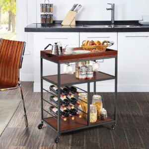 COSTWAY Kitchen Rolling Island Cart, with 9-Bottle Wine Racks & Glass Holders, Utility Beverage Cart Trolley with Lockable Wheels for Home Kitchen, Wooden and Metal Frame, Rustic Brown