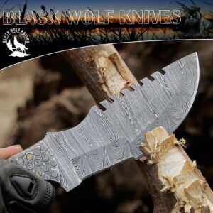 BLACK WOLF KNIFE Handmade Damascus Steel Tracker Knife EDC for Hunting, Bush craft, Camping, Fixed Blade G10 Handle with Cowhide Leather Sheath – BW-4141