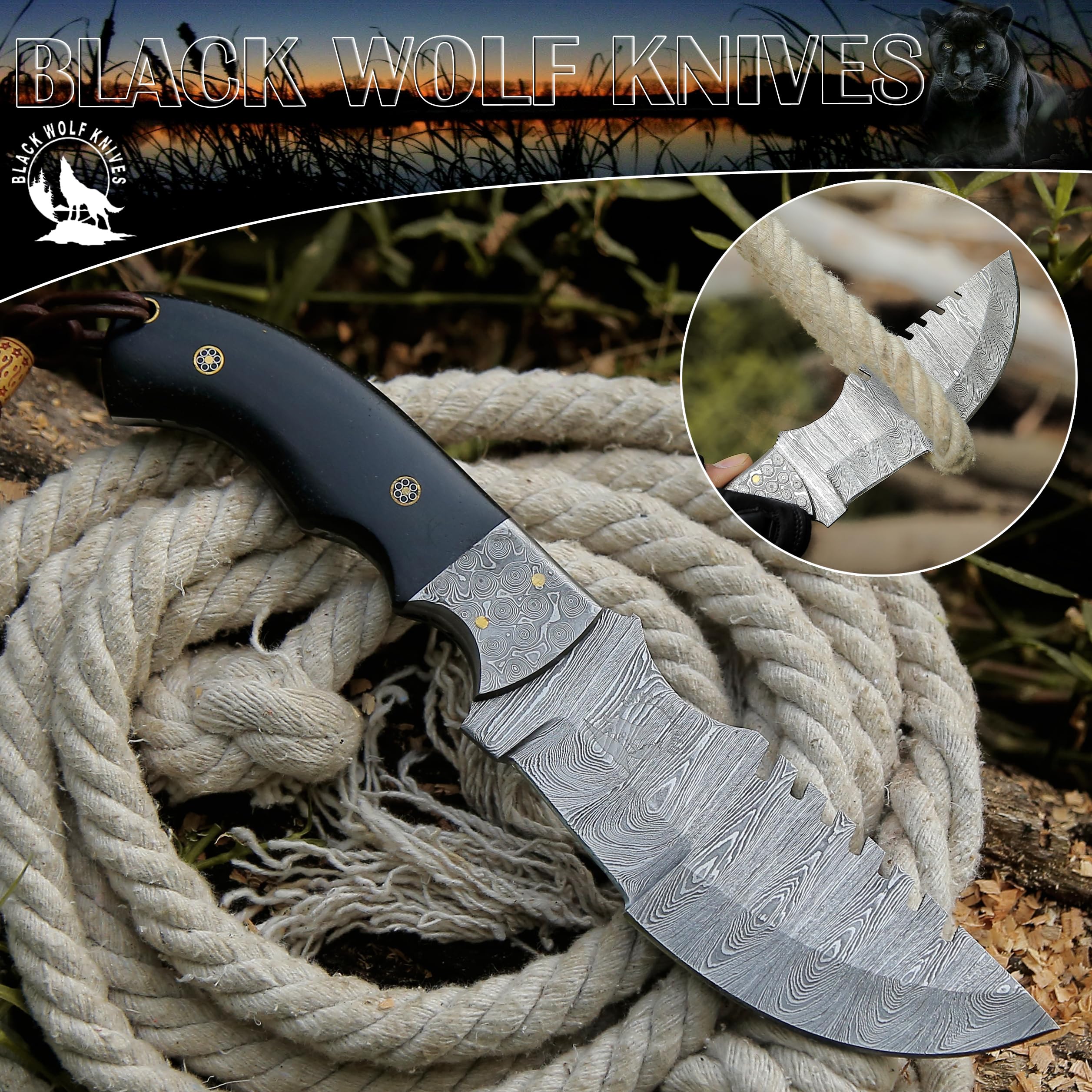 BLACK WOLF KNIFE Handmade Damascus Steel Tracker Knife EDC for Hunting, Bush craft, Camping, Fixed Blade G10 Handle with Cowhide Leather Sheath – BW-4141