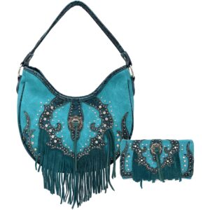 zelris western concho fringe lace two toned conceal carry hobo tote wallet set (turquoise)