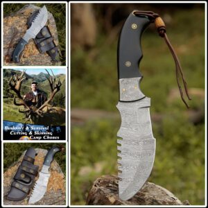 BLACK WOLF KNIFE Handmade Damascus Steel Tracker Knife EDC for Hunting, Bush craft, Camping, Fixed Blade G10 Handle with Cowhide Leather Sheath – BW-4141