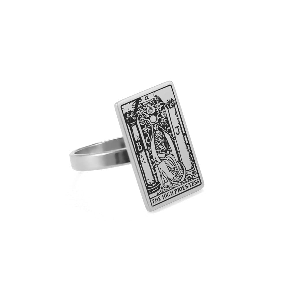 TEAMER Tarot Cards Rings Stainless Steel Astrology Divination Magic Amulet Jewelry for Women (Steel-THE HIGH PRIESTESS, 18)