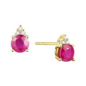 tirafina diamonds and genuine ruby stud earrings, 3 round shaped diamonds set above a genuine ruby, 3 natural round diamond stones, 14k yellow gold, 4.5mm stone