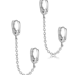 Unique Corn 14K Gold Plated Double Piercing Handcuff Chain Hoop Earrings for Women Two Holes Connecting Earrings (Silver)