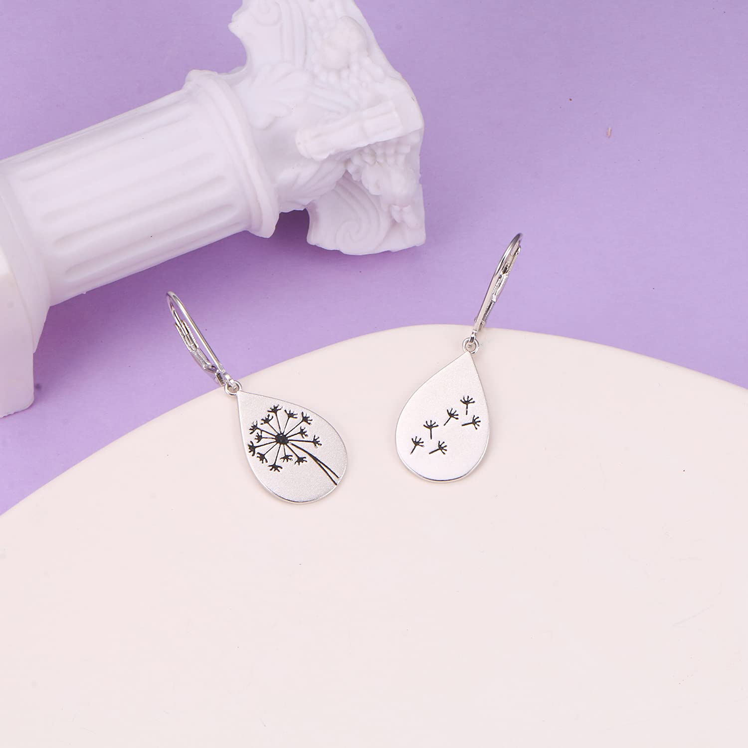 Dandelion Drop Earrings for Women 925 Sterling Silver Teen Water Drop Silver Flower Leverback Dangle Earrings Jewelry for Mom Lover