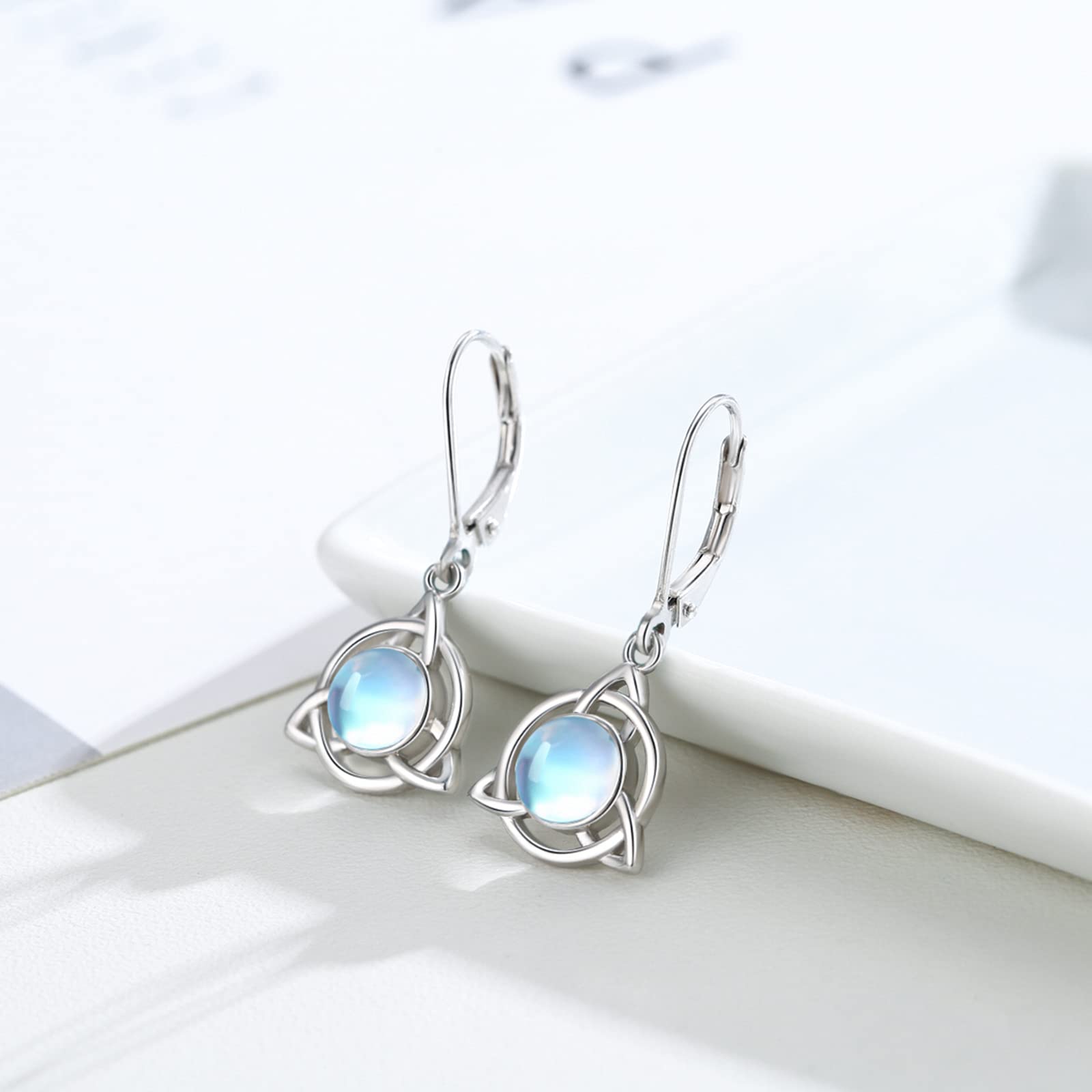 Celtic Earrings for Women 925 Sterling Silver Moonstone Leverback Earrings for Women Drop Dangle Earrings for Women Moonstone Jewelry Gifts for Women Teen Mother Daughter