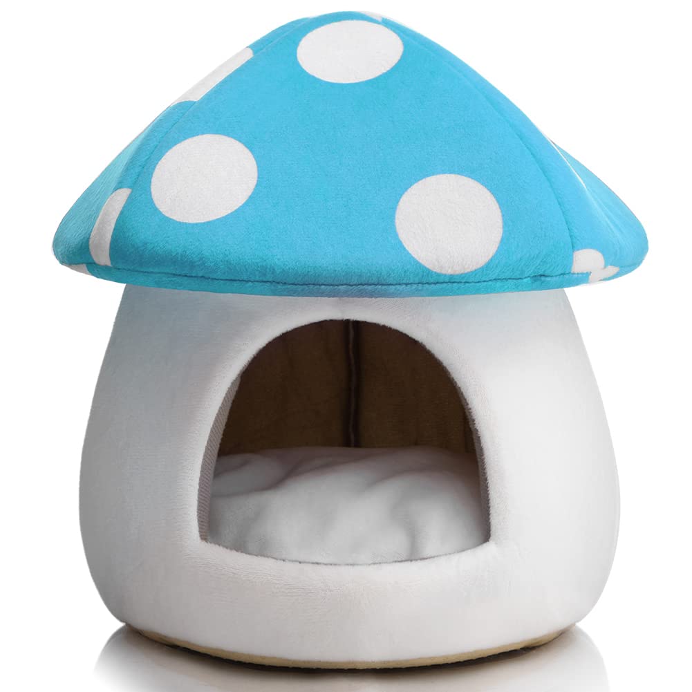 Hollypet Warm Small Pet Animals Bed Dutch Pig Hamster Nest Hedgehog Rat Chinchilla Guinea Habitat Mini House, Blue Mushroom