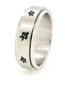 beautiful hawaiian ocean sea turtle with black enamel high polish silver stainless steel spinner 8mm band ring men and women size 6-13 (14)