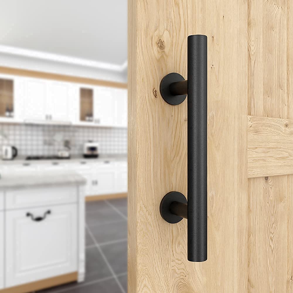 WINSOON 12" Sliding Barn Door Handles Black Hardware with Flush Finger Pull and Floor Guide Wall Mounted 8 Setup Options