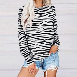 Mayntop Womens Tops Shirt Plus Size Random Zebra Stripes Pattern Long Sleeve Crew Neck Loose Blouse(A White,M)