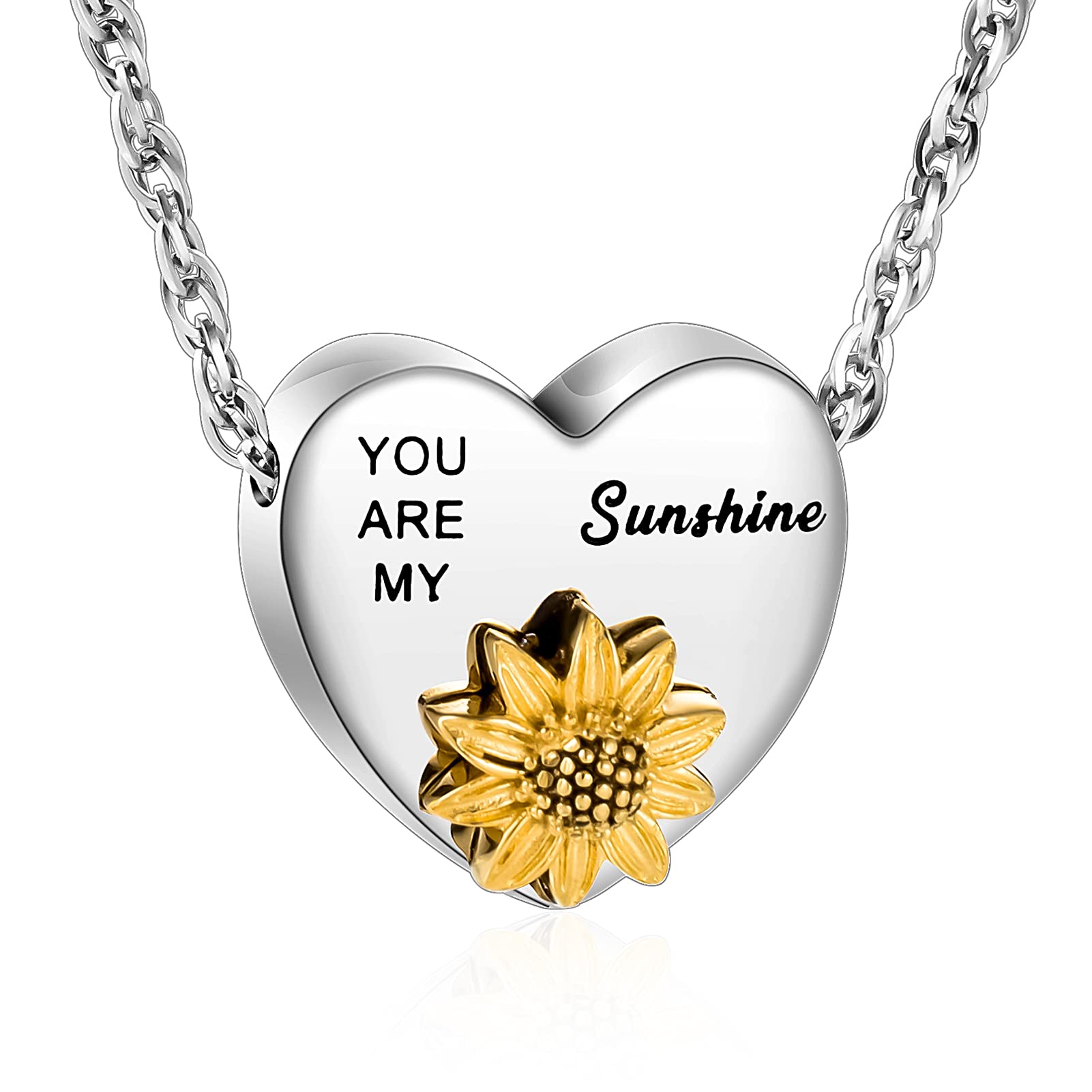 XIUDA Heart Ashes Necklace Urn Necklace with Sunflower You Are My Sunshine Cremation Necklace for Ashes Cremation Jewelry for Human Ashe Memorial Necklace with Flower