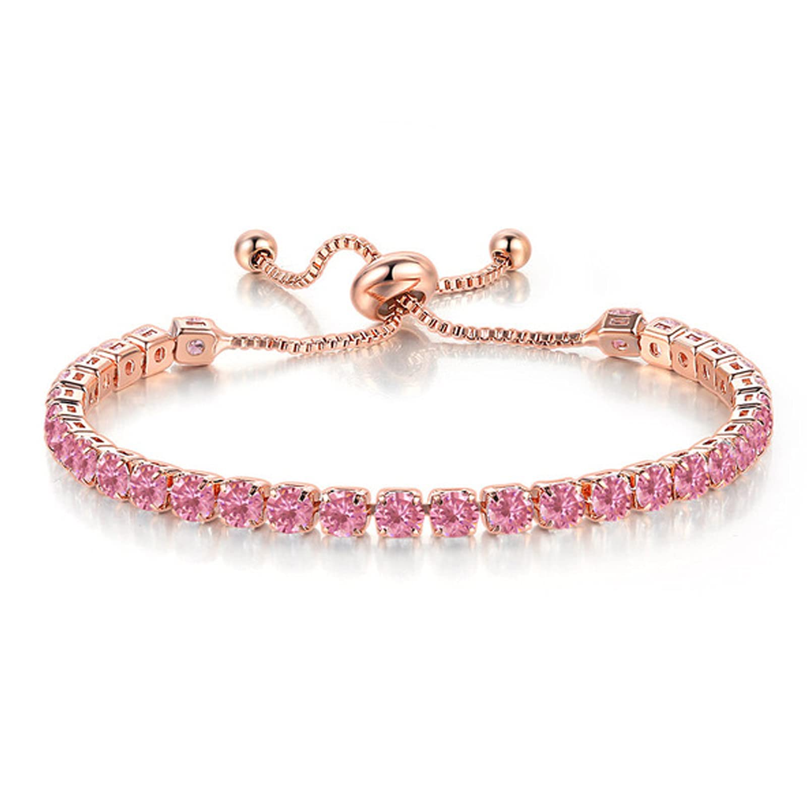 14K Gold Plated Tennis Bracelets Colorful Sparkling Cuban Zirconia Adjustable Ice Out Link Chain Slider Bangle Jewelry Dainty Bracelet for Women-pink