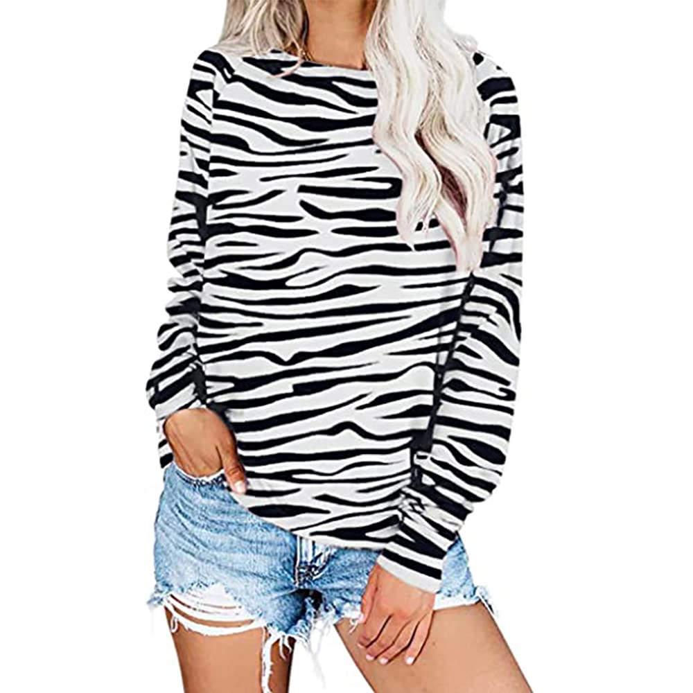 Mayntop Womens Tops Shirt Plus Size Random Zebra Stripes Pattern Long Sleeve Crew Neck Loose Blouse(A White,M)