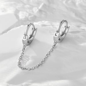 Unique Corn 14K Gold Plated Double Piercing Handcuff Chain Hoop Earrings for Women Two Holes Connecting Earrings (Silver)