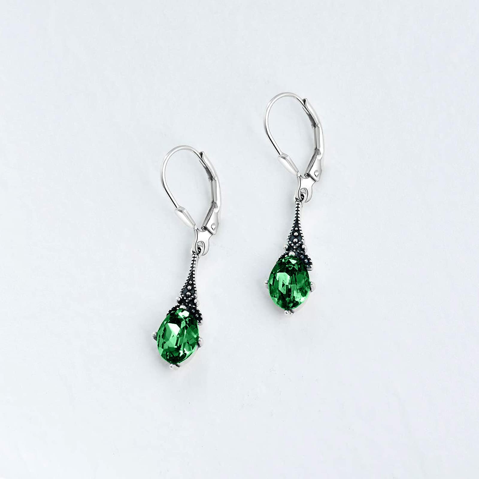 Vintage Leverback Emerald Green May Birthstone Earrings Sterling Silver Retro Drop Dangle Earrings with Oval Crystal from Austria, Birthday Christmas Jewelry Gifts for Women