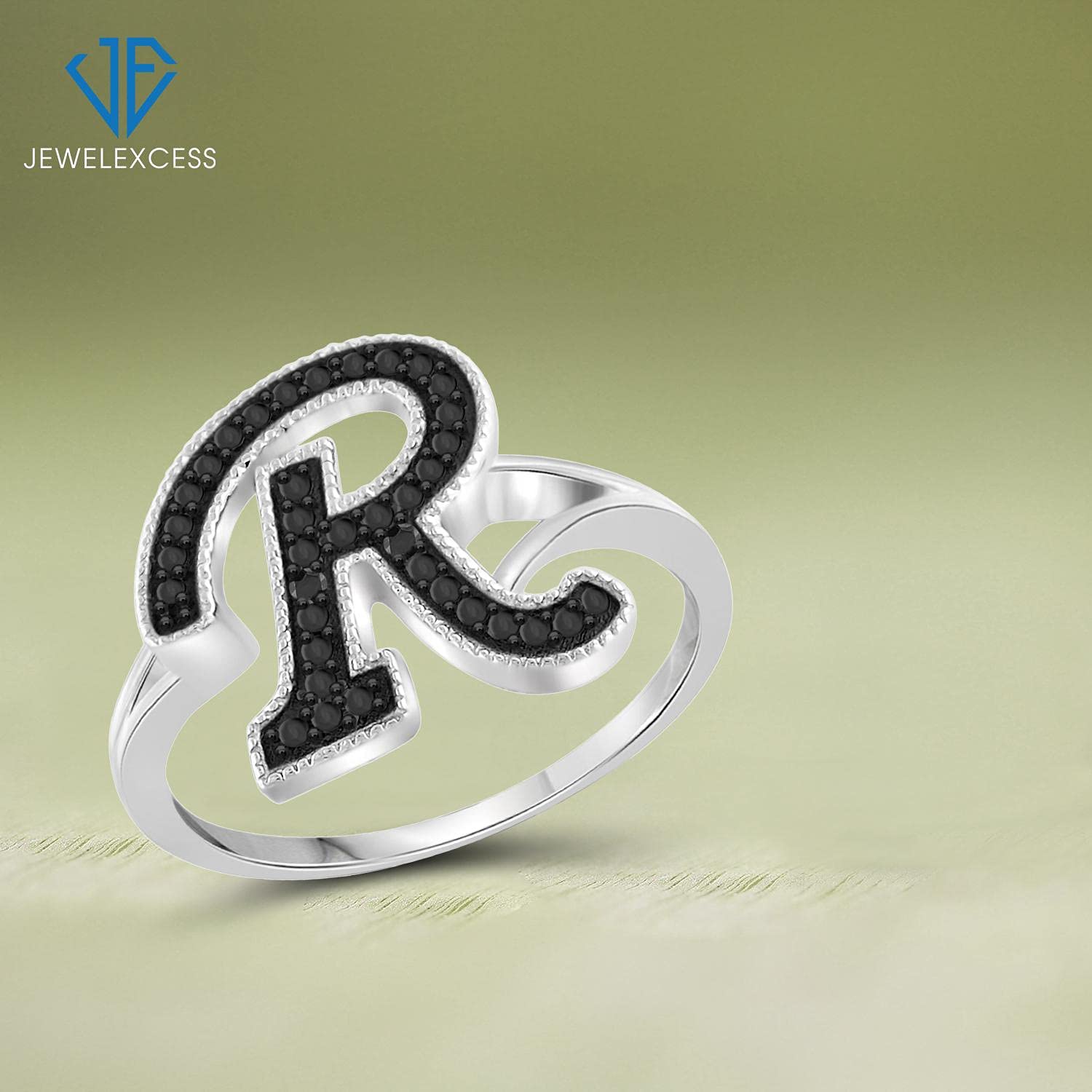 JEWELEXCESS Black Diamond Accent Sterling Silver A TO Z Initial Spell it Out Ring