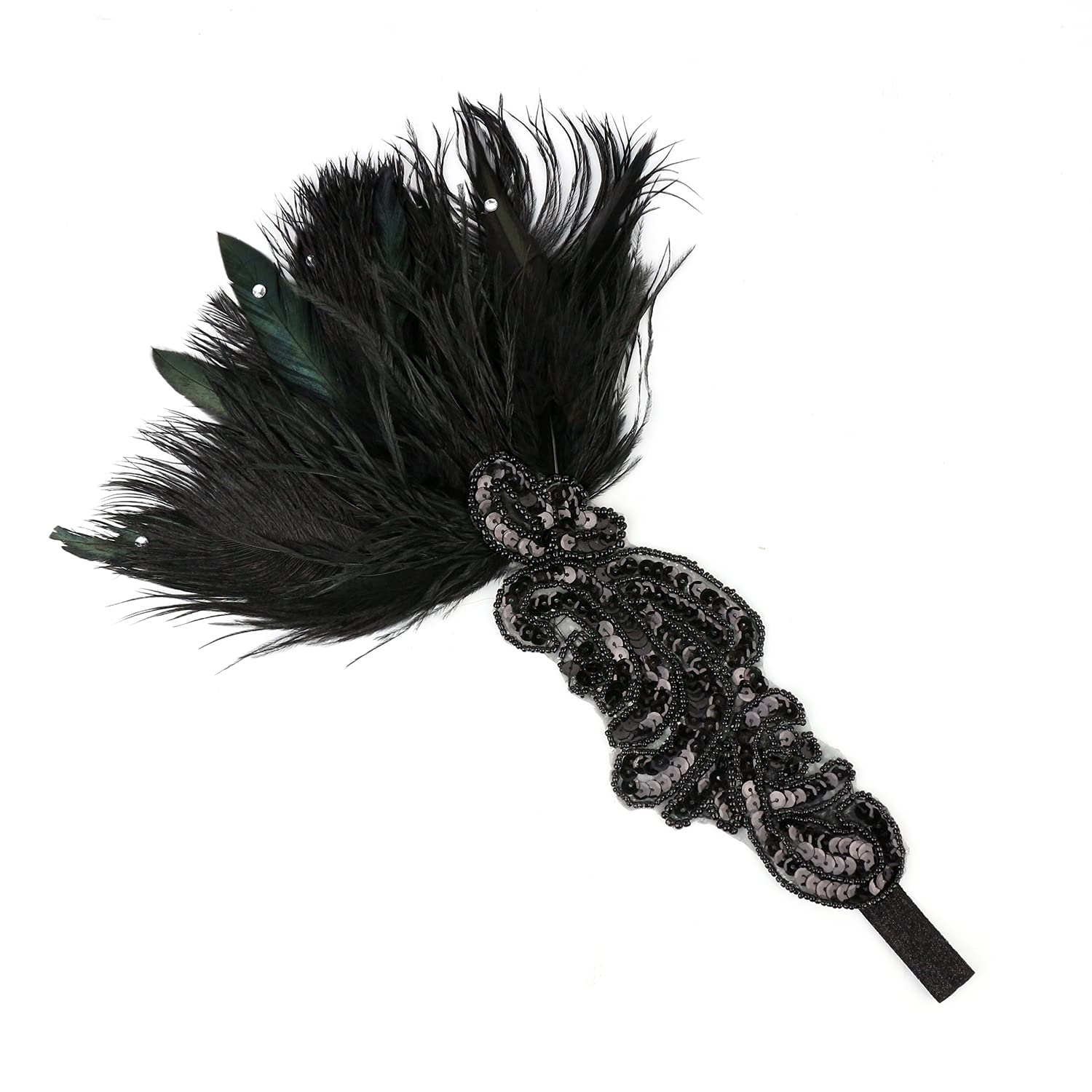 LATIMOON 1920s Flapper Headband Vintage Black Feather Headpiece with Sequin Beads Roaring 20s great Gatsby Hair Accessory for Women