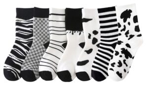 joylife cow pattern crew socks novelty black white quartz socks striped checkered dress socks for women, lady, girls, 7 pack