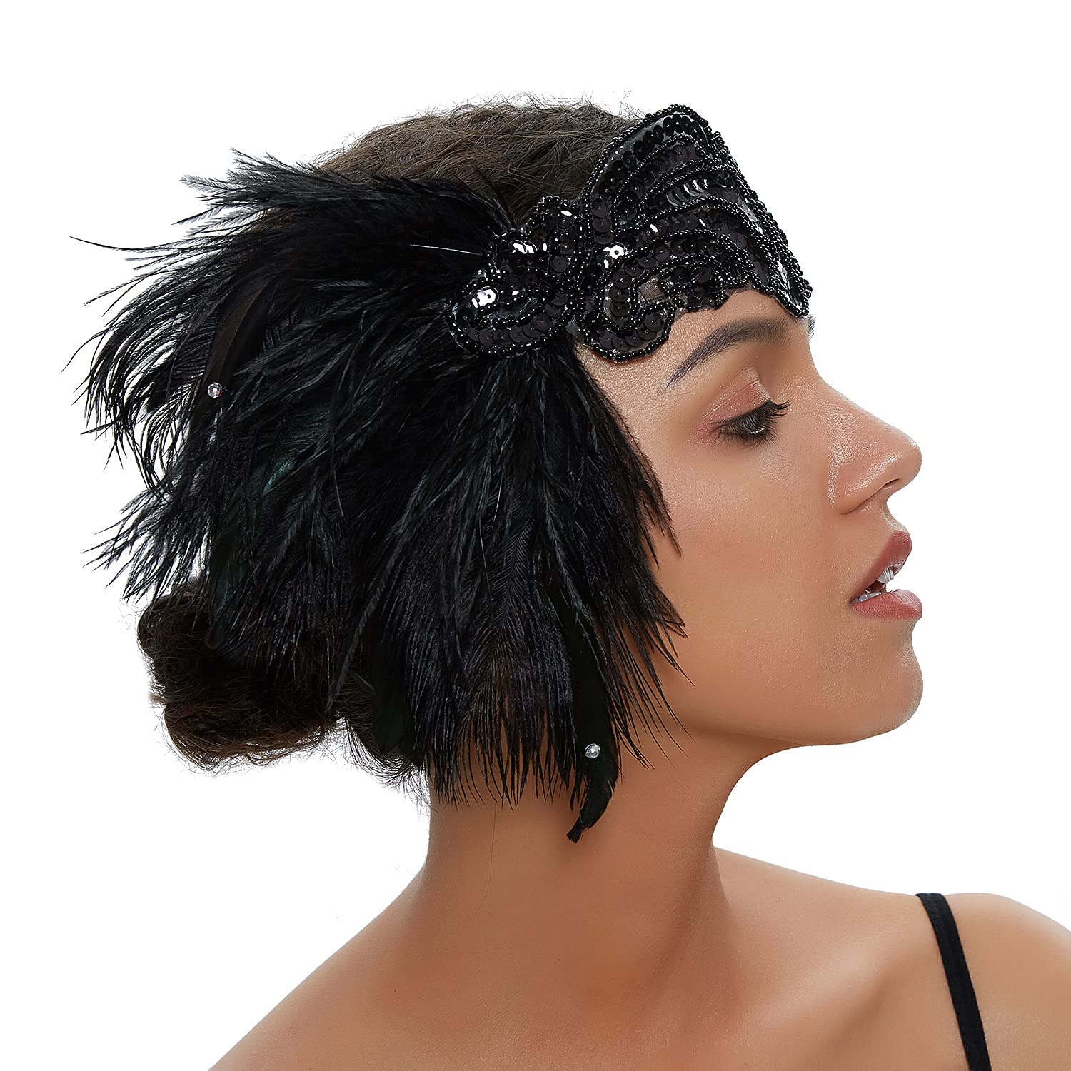 LATIMOON 1920s Flapper Headband Vintage Black Feather Headpiece with Sequin Beads Roaring 20s great Gatsby Hair Accessory for Women