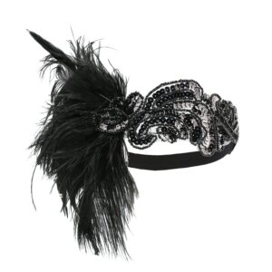 LATIMOON 1920s Flapper Headband Vintage Black Feather Headpiece with Sequin Beads Roaring 20s great Gatsby Hair Accessory for Women