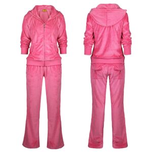 Velour Sweatsuits for Women 2 Piece Zip Up Hoodies Tracksuits Solid Comfy Lounge Wear Causal Sportwear Joggers Outfits Pink Large