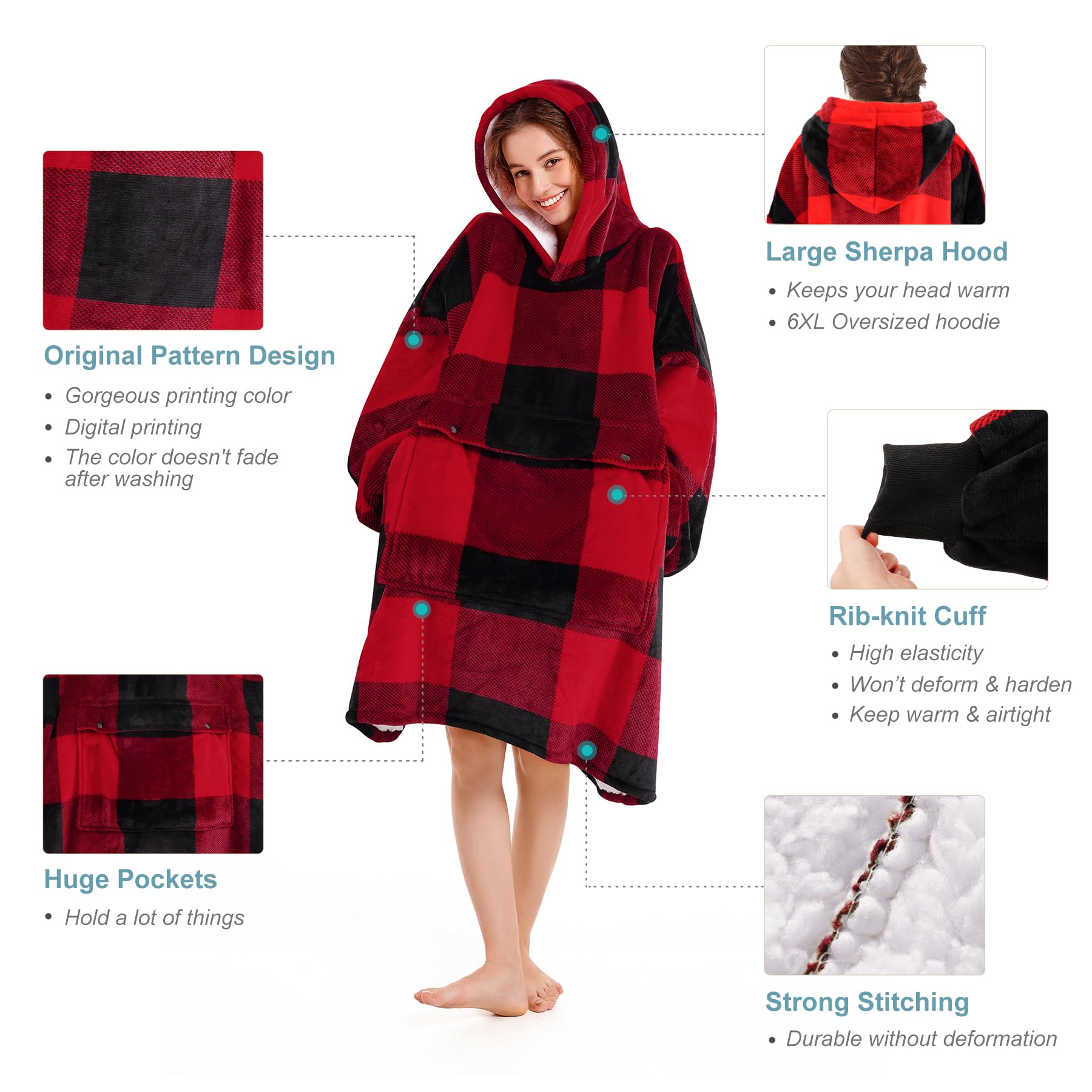 Blanket Hoodie Women & Men,Premium Sherpa Fleece Oversized Hoodie Blanket with Giant Pocket for Women,Super Cozy and Big Wearable Blanket Hoodie Gift Red Plaid