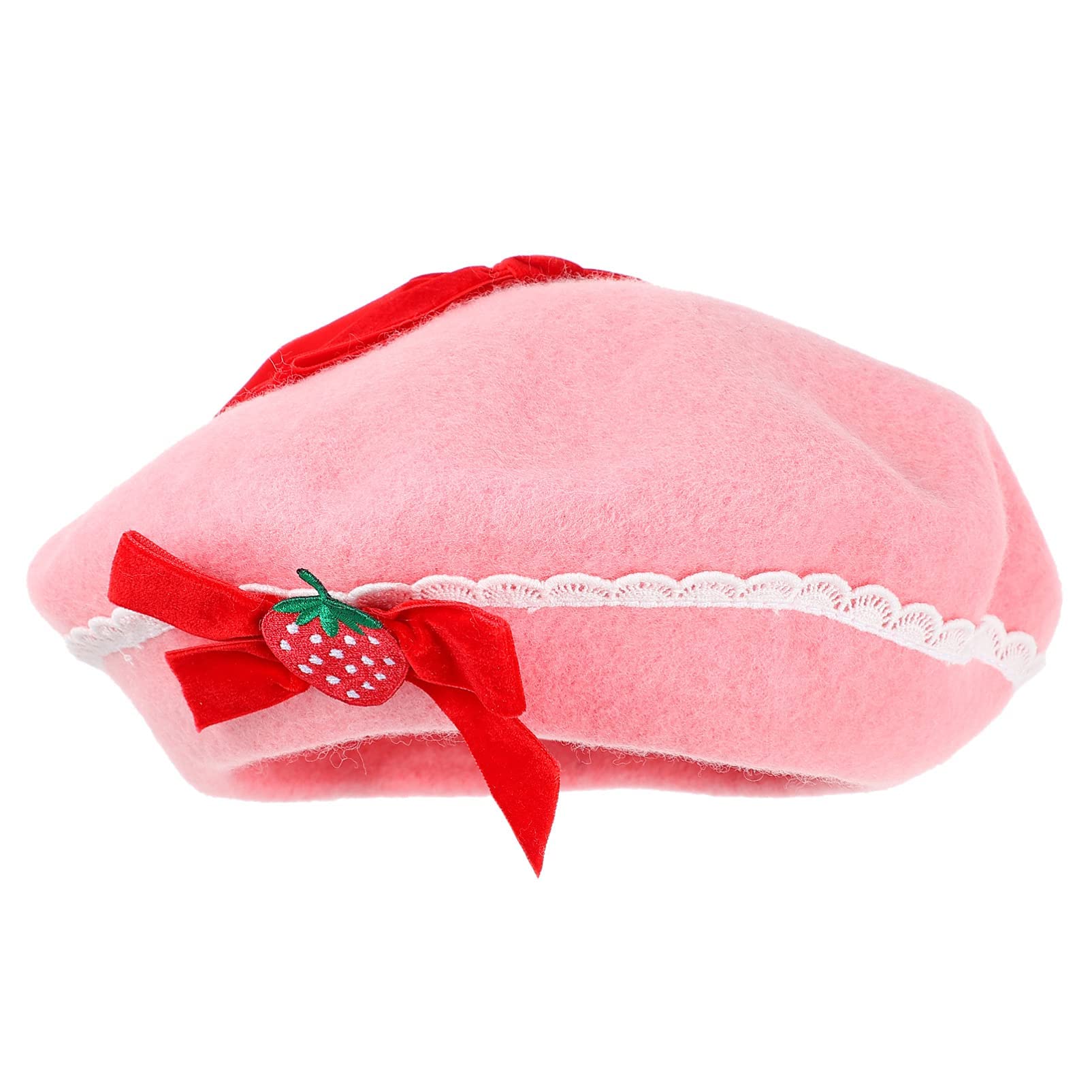 Berets Strawberry Bow Woolen Beret Hat Wool Cap Pink Handmade Fashion Warm Hat