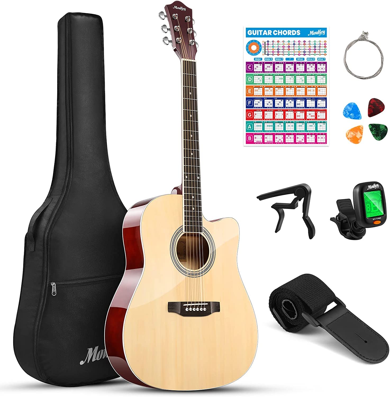 Moukey 41" Acoustic Guitar for Beginners Adults 4/4 Guitarra Acustica with Chord Poster, Gig Bag, Tuner,Steel Strings, Capo, Strap, Natural