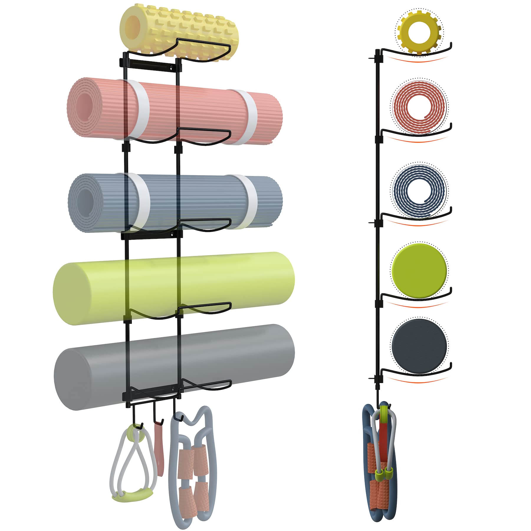 Yoga Mat Holder Wall Mount, Wall Rack Organizer, Storage Foam Roller and Block, with 5 Sectional and 3 Hooks for Hanging Yoga Strap, Resistance Bands at Fitness Class or Home Gym, Decor(Black)