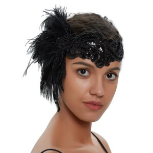 LATIMOON 1920s Flapper Headband Vintage Black Feather Headpiece with Sequin Beads Roaring 20s great Gatsby Hair Accessory for Women