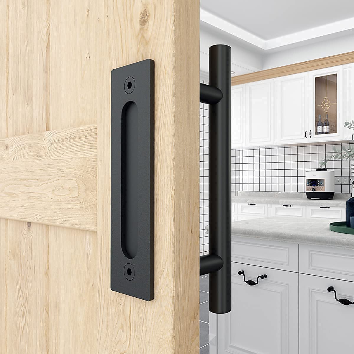 WINSOON 12" Sliding Barn Door Handles Black Hardware with Flush Finger Pull and Floor Guide Wall Mounted 8 Setup Options