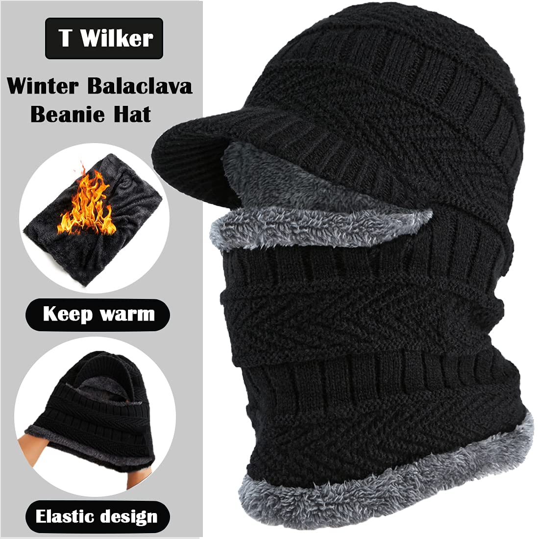 T WILKER 2Pcs Winter Knit Beanie Balaclava Hat Anti-Slip Touch Screen Mittens Set Thermal Ski Mask Cap Unisex for Womens Mens Black